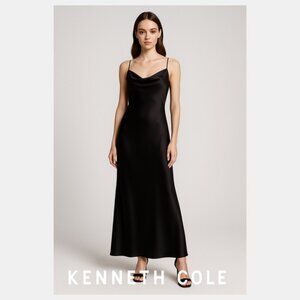 Kenneth Cole Black Liquid Satin Cowl Neck Spaghetti Strap Slip Dress Gown Large